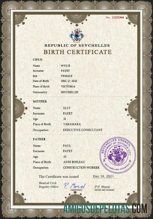 Realista modelo PSD de certidão de nascimento de registro vital de Seychelles